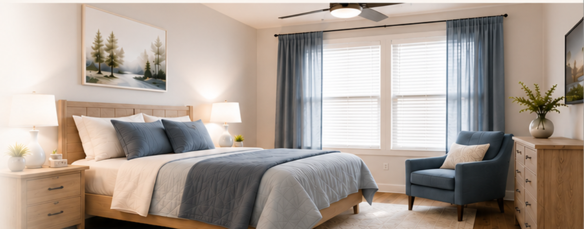 A cozy bedroom with a large bed dressed in white and dark blue bedding, two bedside tables with lamps, a blue armchair with a white pillow, a wooden dresser with a vase and a plant, and a landscape painting above the bed. Large windows with blue curtains let in natural light.