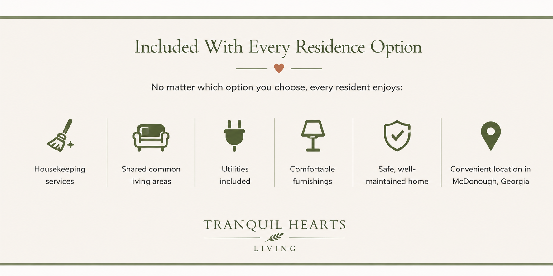 Information about features included in every residence option at Tranquil Hearts Living in McDonough, Georgia, showing icons for housekeeping services, shared living areas, utilities included, comfortable furnishings, safe home, and location.