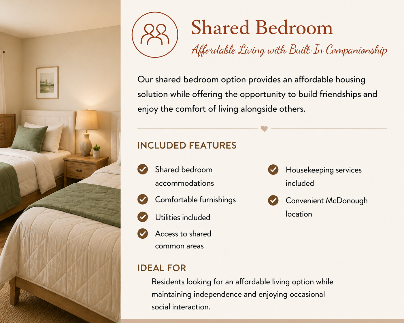A shared bedroom with two neatly made beds, each with white bedding and green accents, a wooden nightstand with a lamp and small plant, and a framed picture on the light-colored wall. The right side of the image contains text about shared bedroom accommodations.