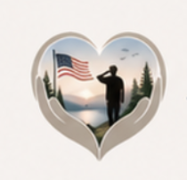 A silhouette of a soldier saluting in front of an American flag, framed inside a heart shape with trees and birds in the background.
