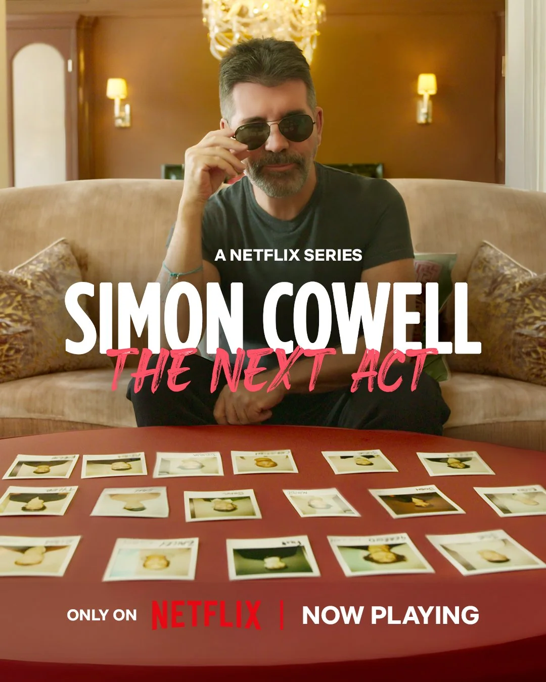 Poster for the Netflix series "Simon Cowell: The Next Act" featuring Simon Cowell.