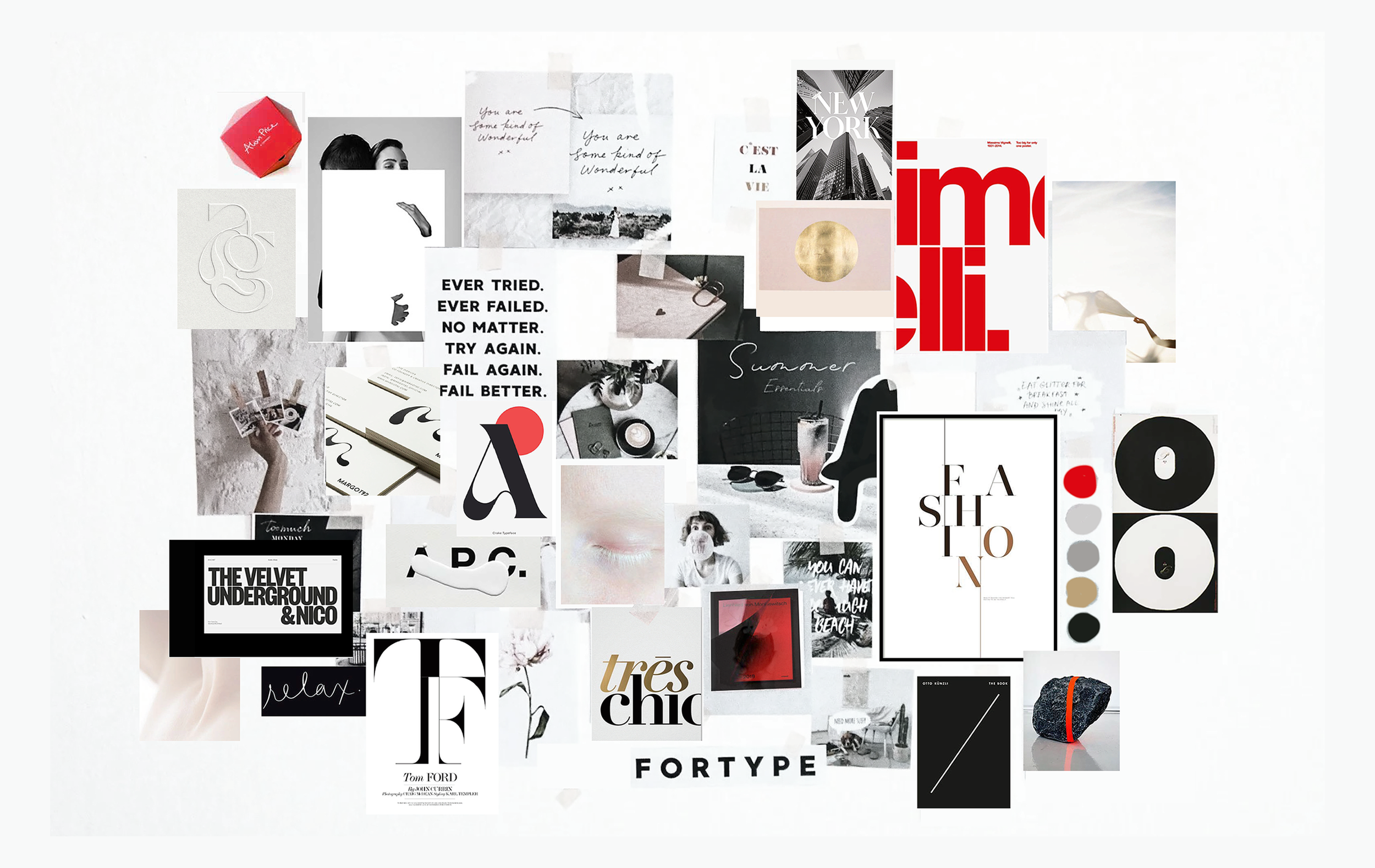 A design collage of various black and white, red, and beige styled photographs, text, and illustrations of studiopais's creative thought process.