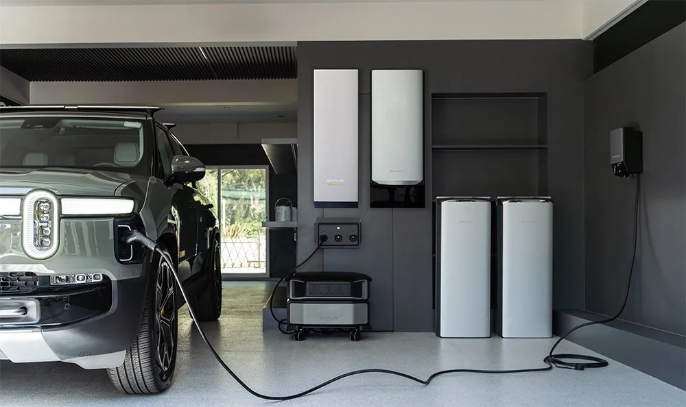 Electric vehicle charging station with a car plugged in, modern black and white home interior