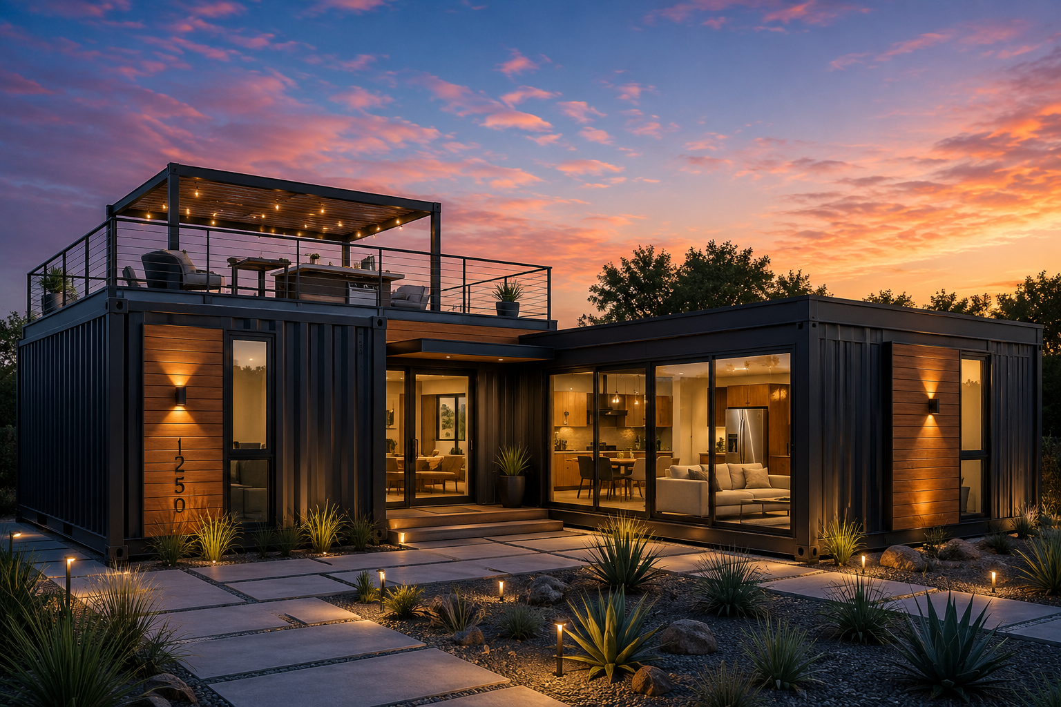 Modern house with large glass windows and a rooftop patio at sunset, surrounded by desert plants and outdoor lighting.