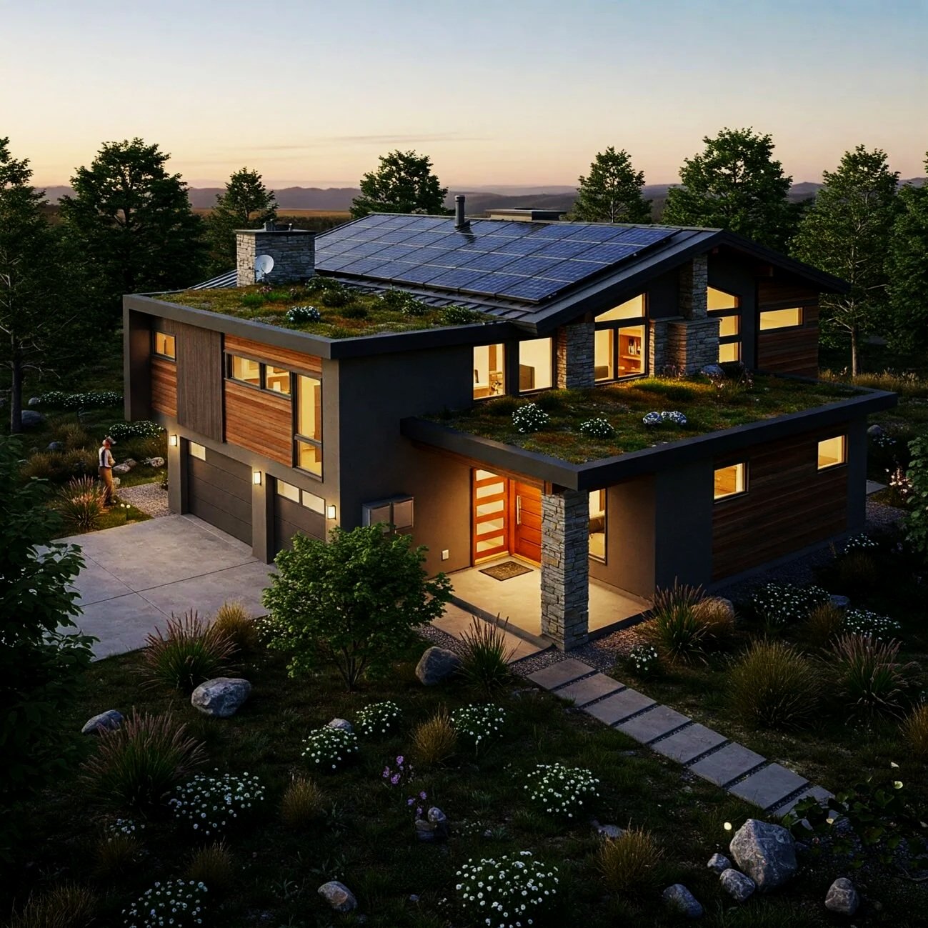 Modern house with large windows, solar panels on the roof, located in a lush green landscape during sunset.