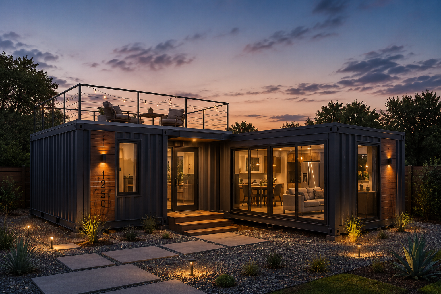 Modern tiny house with a rooftop deck, large windows, and outdoor lighting during sunset, surrounded by desert plants and pathway lights.