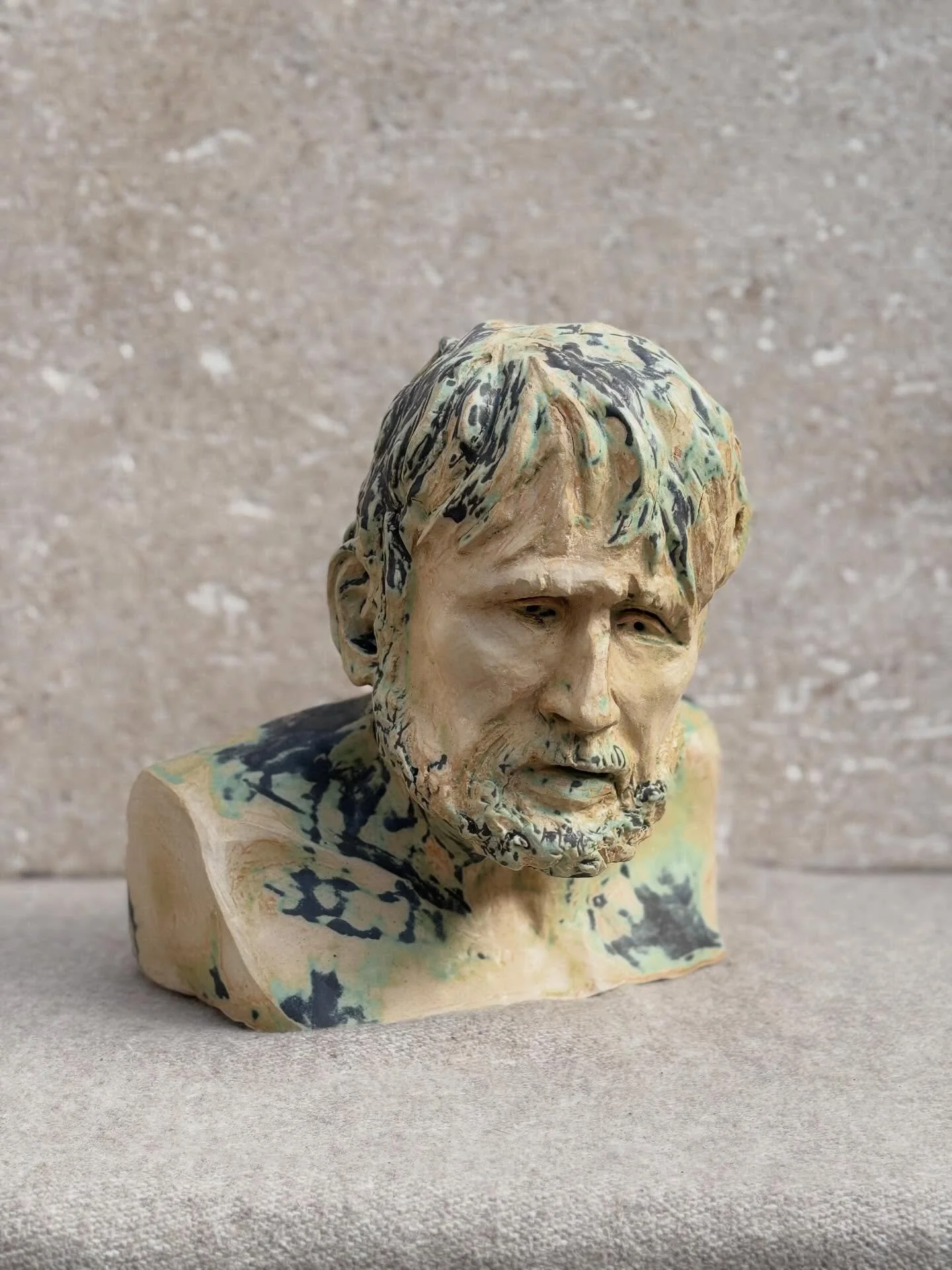 &lsquo;The Sage&rsquo;

Dimensions (cm)
w 35 x h 28 

Male bust, front facing
Stoneware clay, duck egg blue glaze