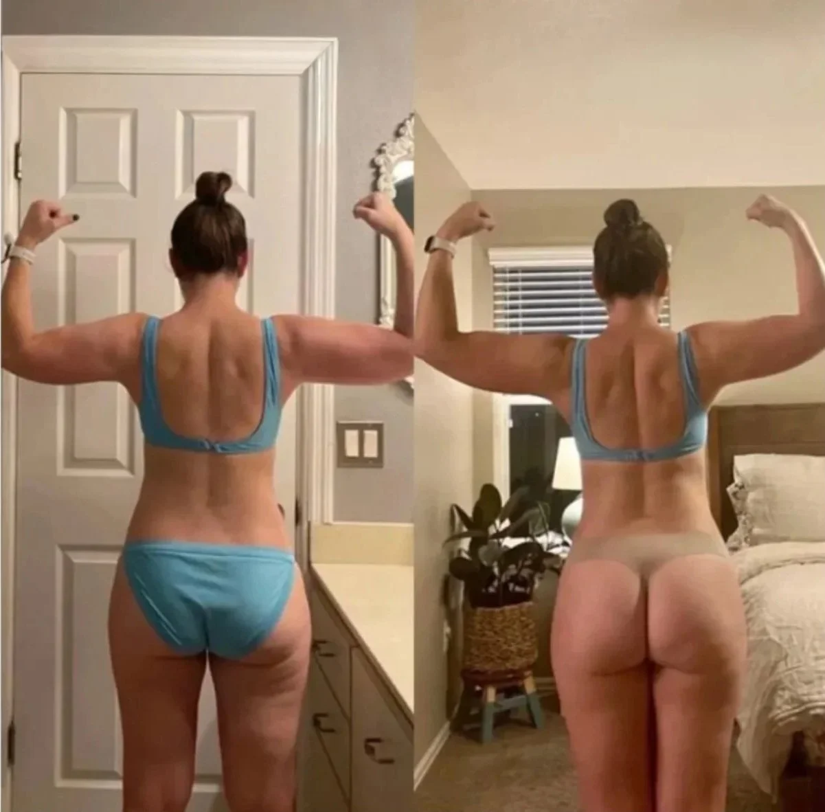 Comparison photo of a woman showing muscular arm development, with the left side showing less muscle and the right side showing more muscle, in two different mirrored images.