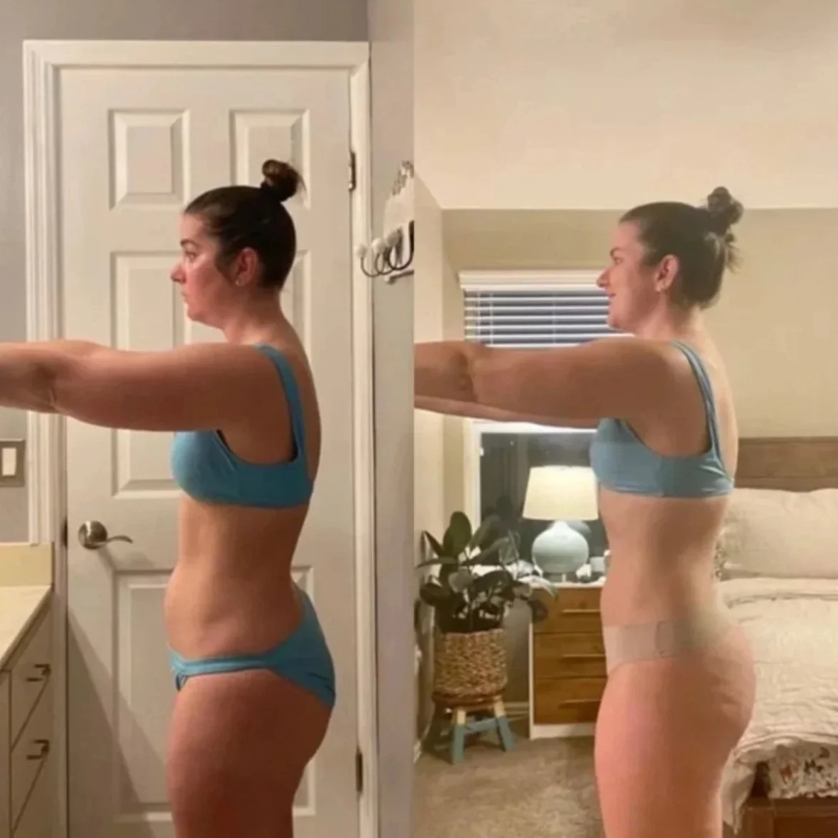 Side-by-side comparison photo of a woman in a blue bra and underwear stretching her arms out. The left side shows her before, with a bloated stomach, and the right side shows her after with a slimmer waist, taken in a different room with a bed and la