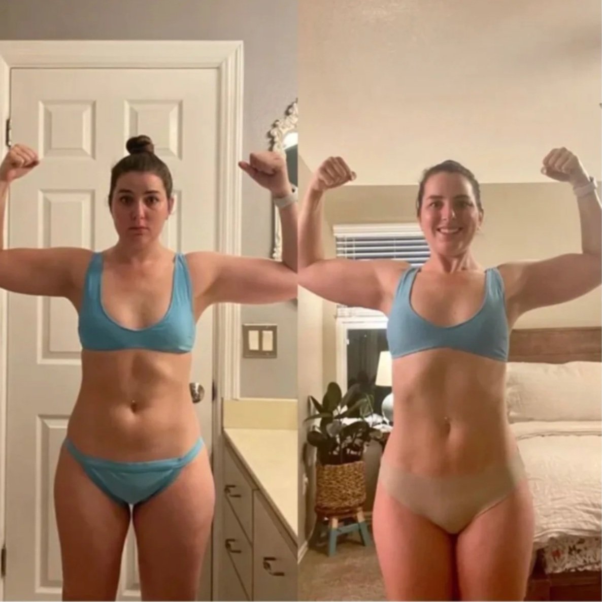 A woman in blue workout gear flexes her arm muscles in a mirror, showing her toned physique. Another woman, also in blue workout gear, stands nearby with a serious expression, flexing her muscles in a mirror.
