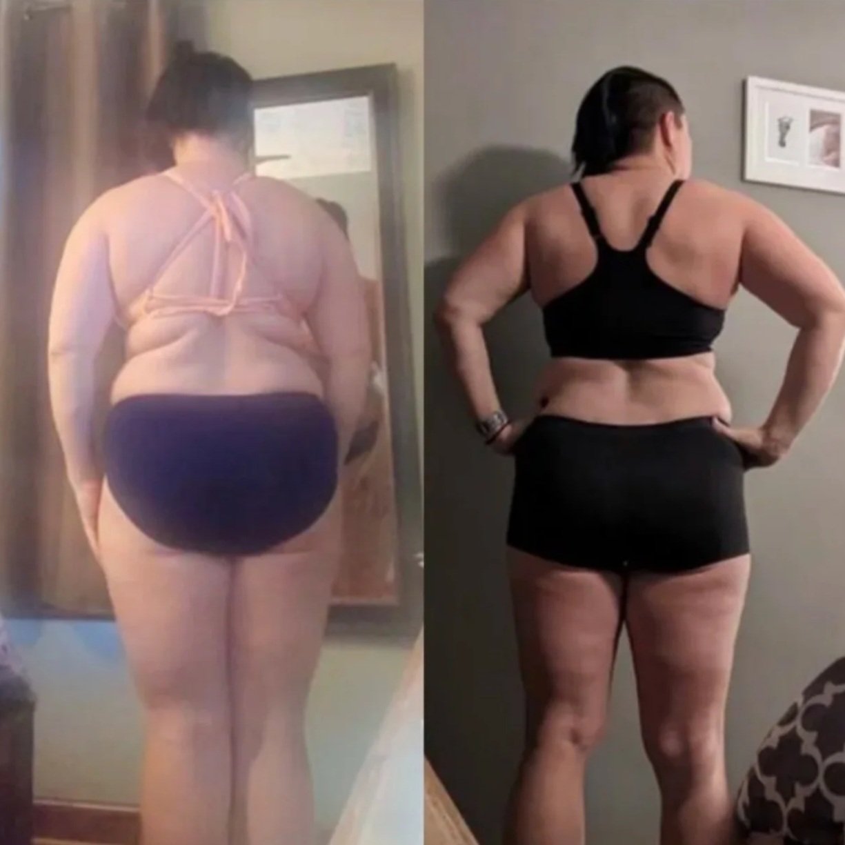 Side-by-side comparison of a woman before and after weight loss, standing with her back to the camera in different outfits, showing her physical transformation.
