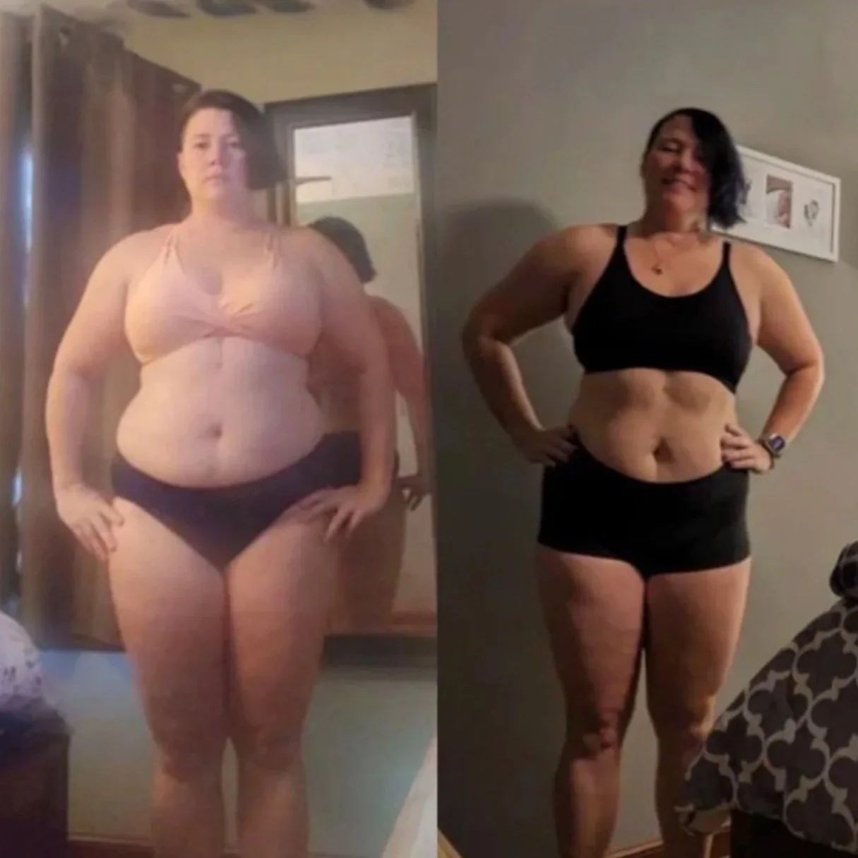 Side-by-side comparison of a woman before and after weight loss, standing in black shorts and a sports bra in both photos.