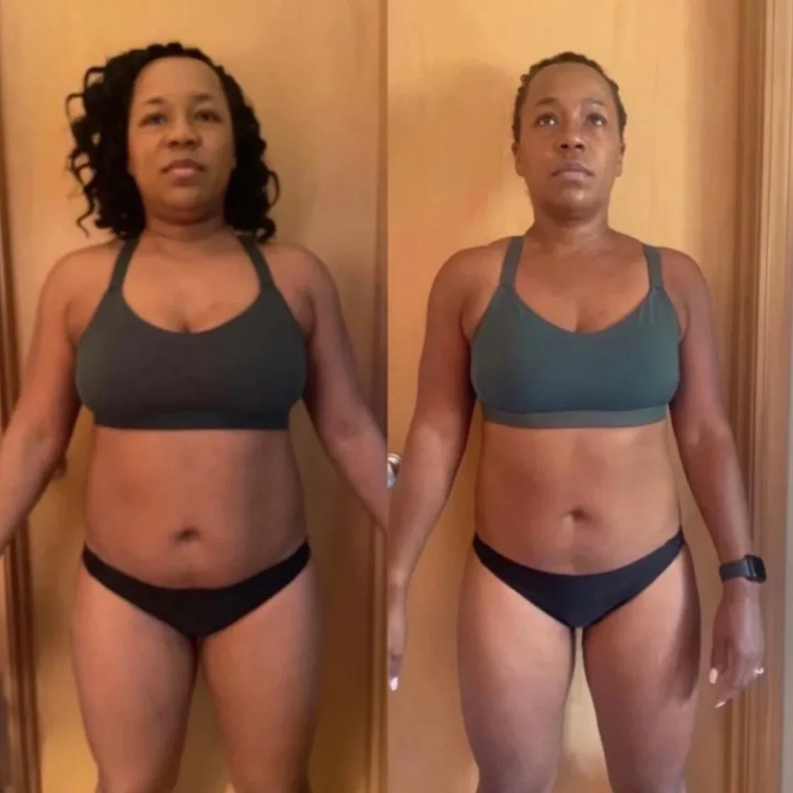 Side-by-side comparison photo of a woman before and after a fitness transformation, showing weight loss and muscle toning.
