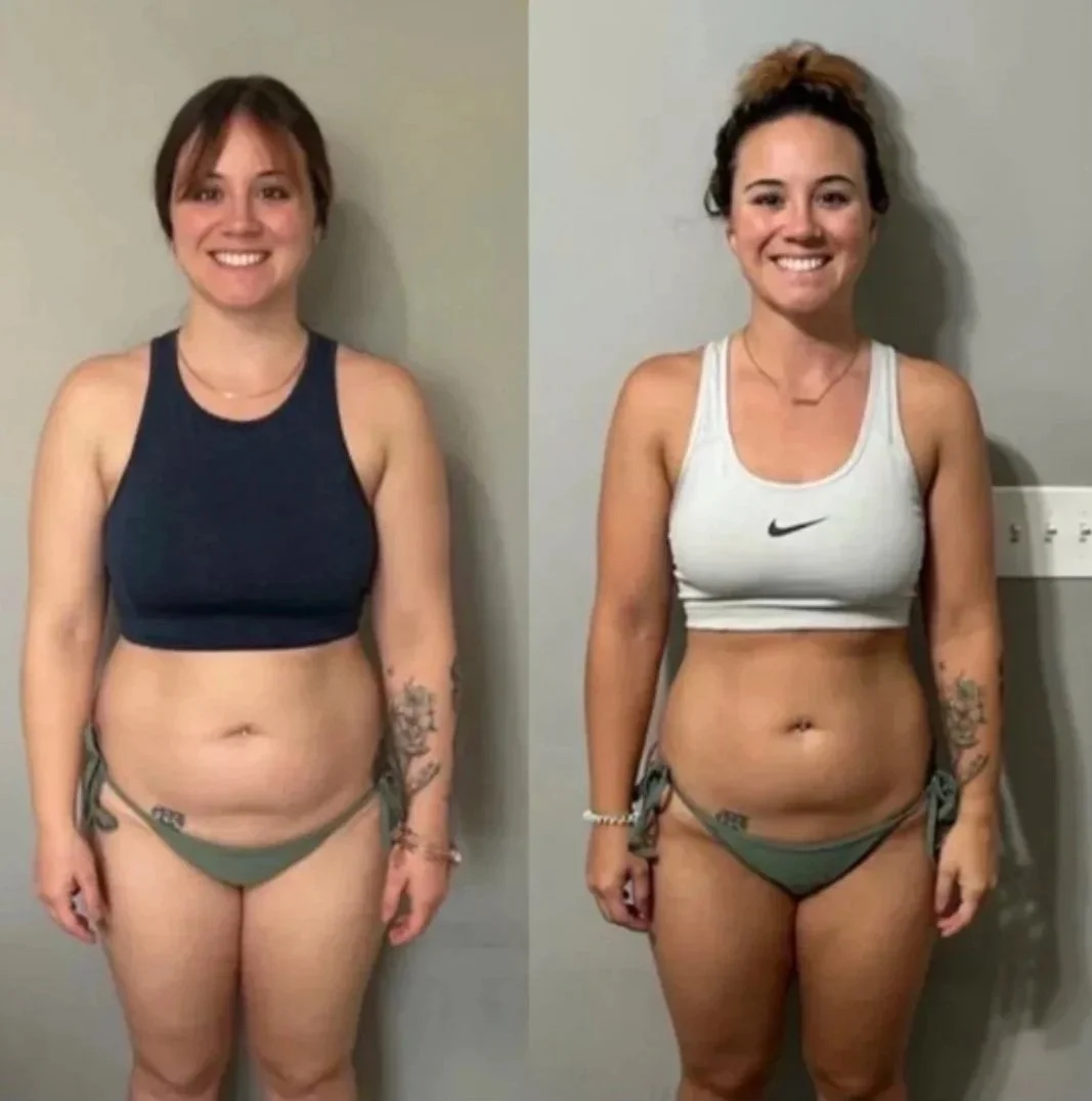Side-by-side photos of the same woman before and after a fitness transformation, smiling, wearing workout clothes against a plain wall.