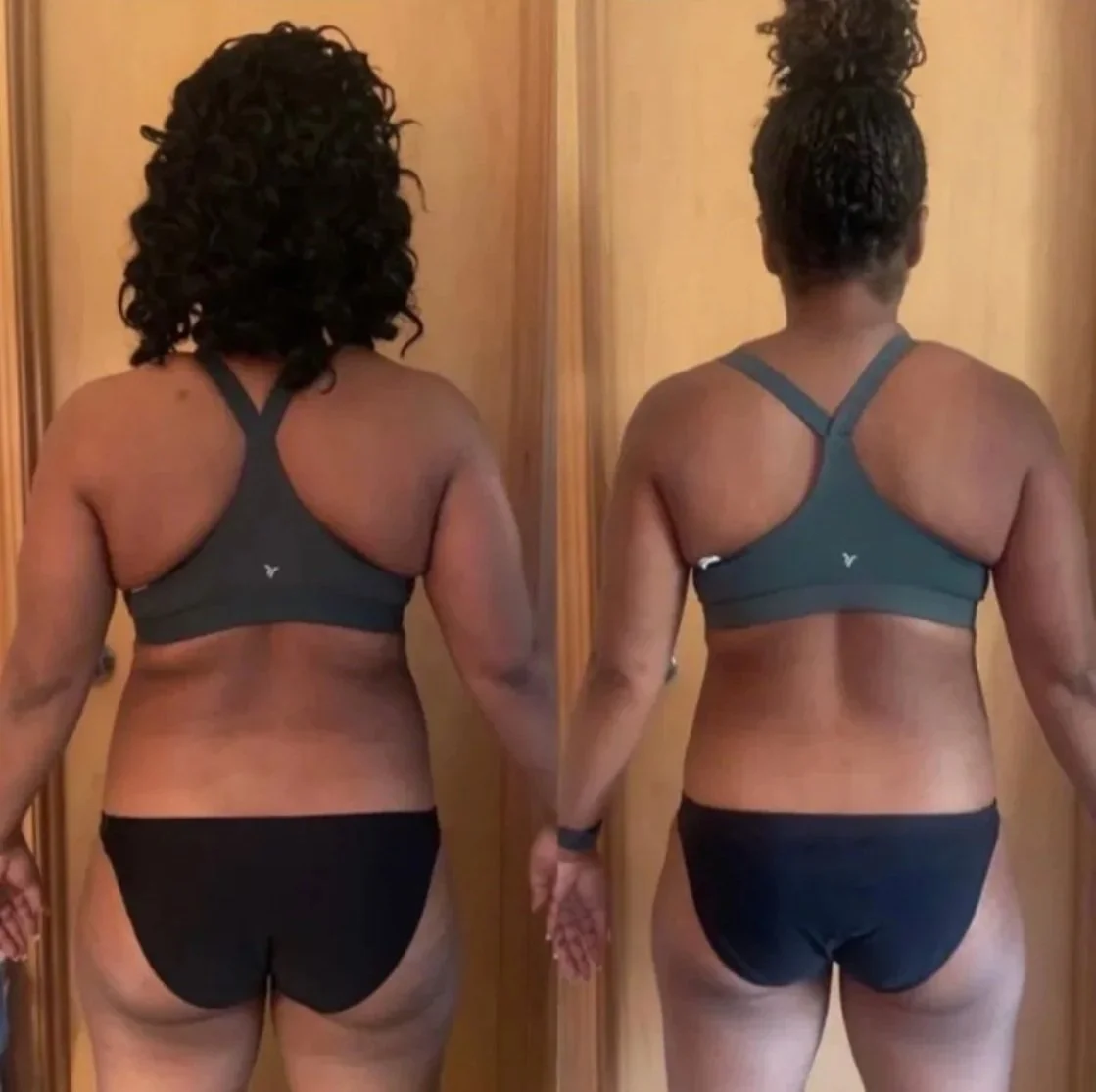 Comparison photo showing a woman's back before and after fitness transformation. The left image shows a fuller figure with more fat around the waist and arms. The right image shows a slimmer, toned physique with reduced fat and more defined muscles.