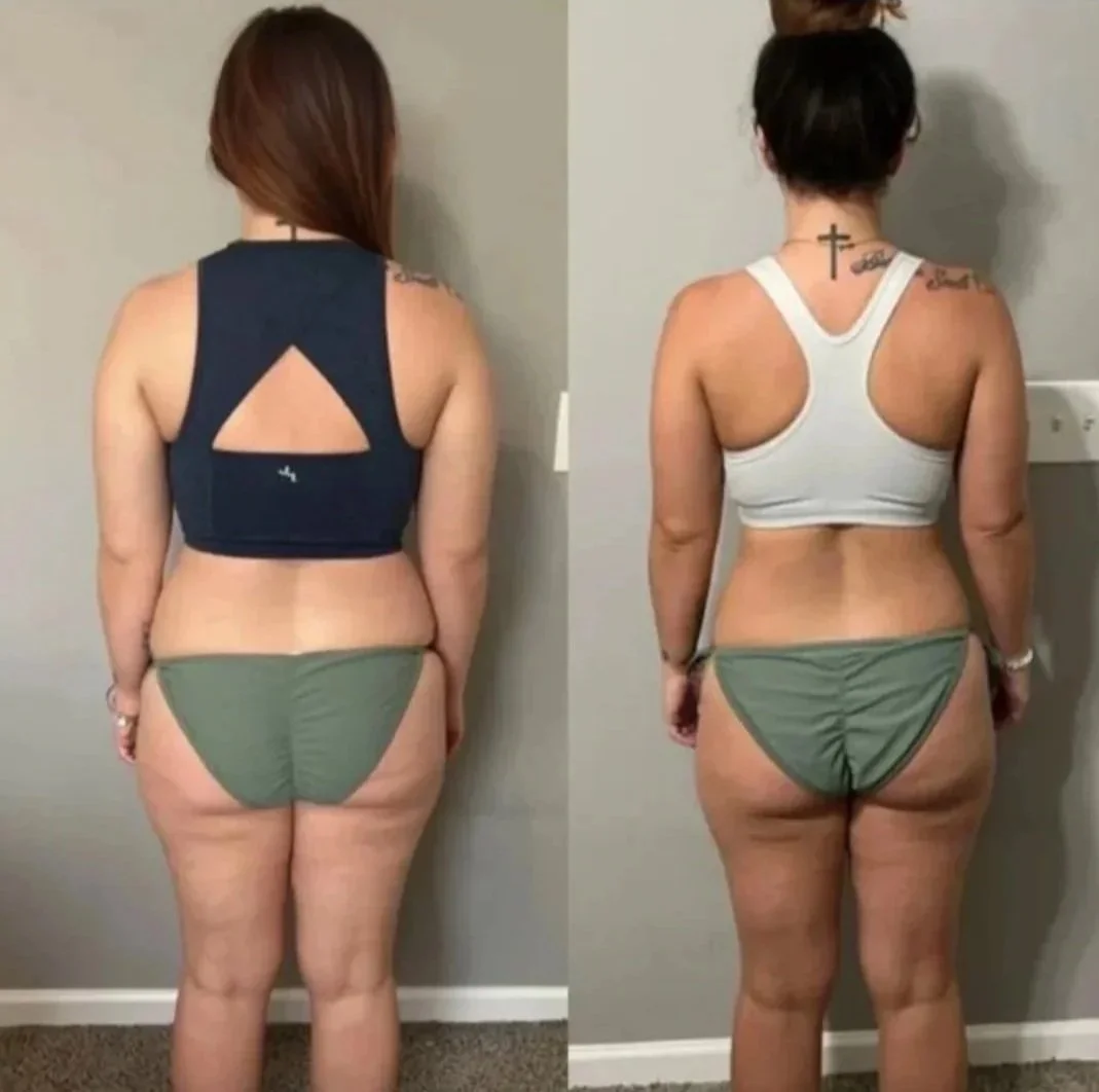 Side-by-side comparison of a woman's back in different clothing, before and after fitness or weight loss progress, wearing sports bras and shorts.