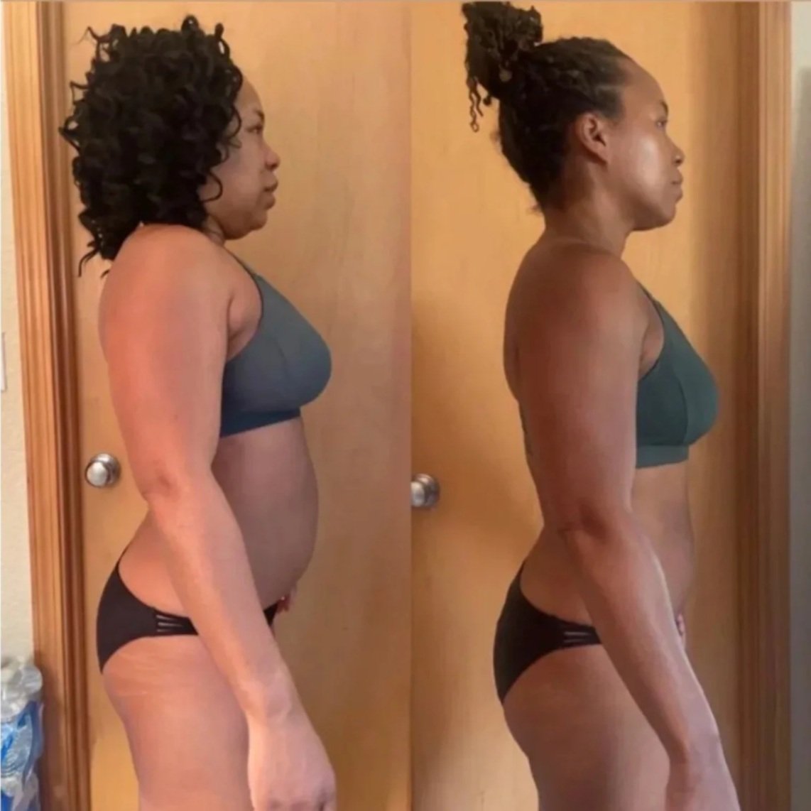 Side-by-side comparison of a woman before and after fitness transformation, showing weight loss and muscle toning.