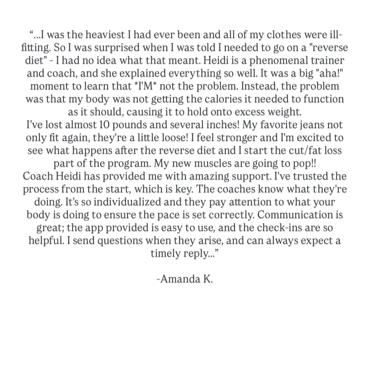 A page of text expressing gratitude for a fitness program, mentioning weight loss, muscle gain, and support from Coach Heidi, signed by Amanda K.