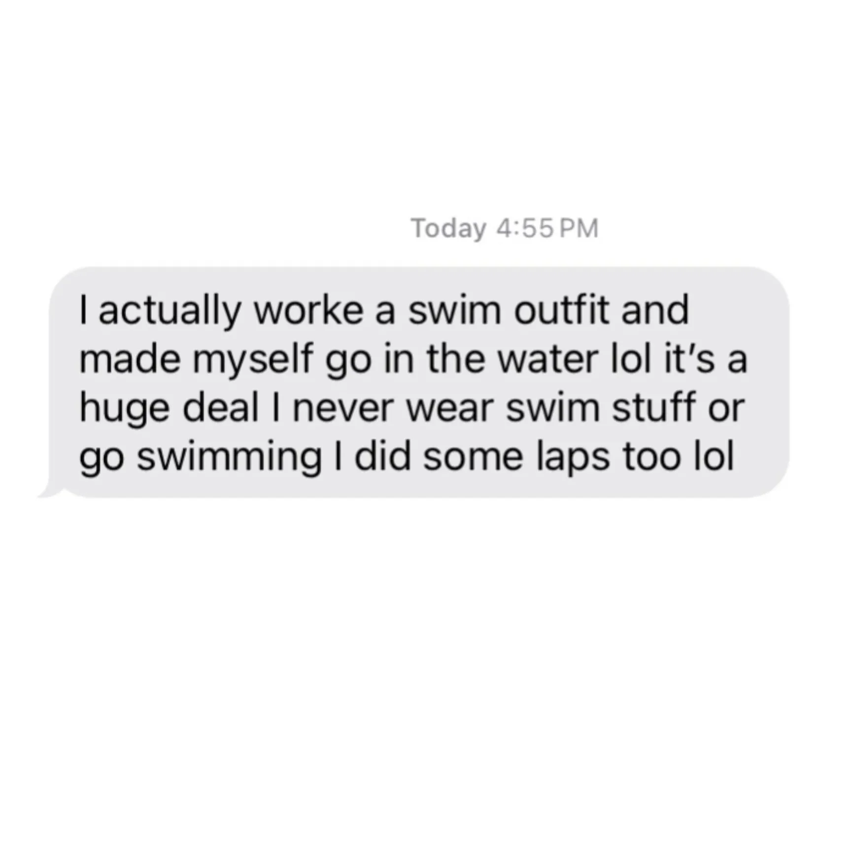 Screenshot of a text message discussing working out in a swim outfit and swimming in water.