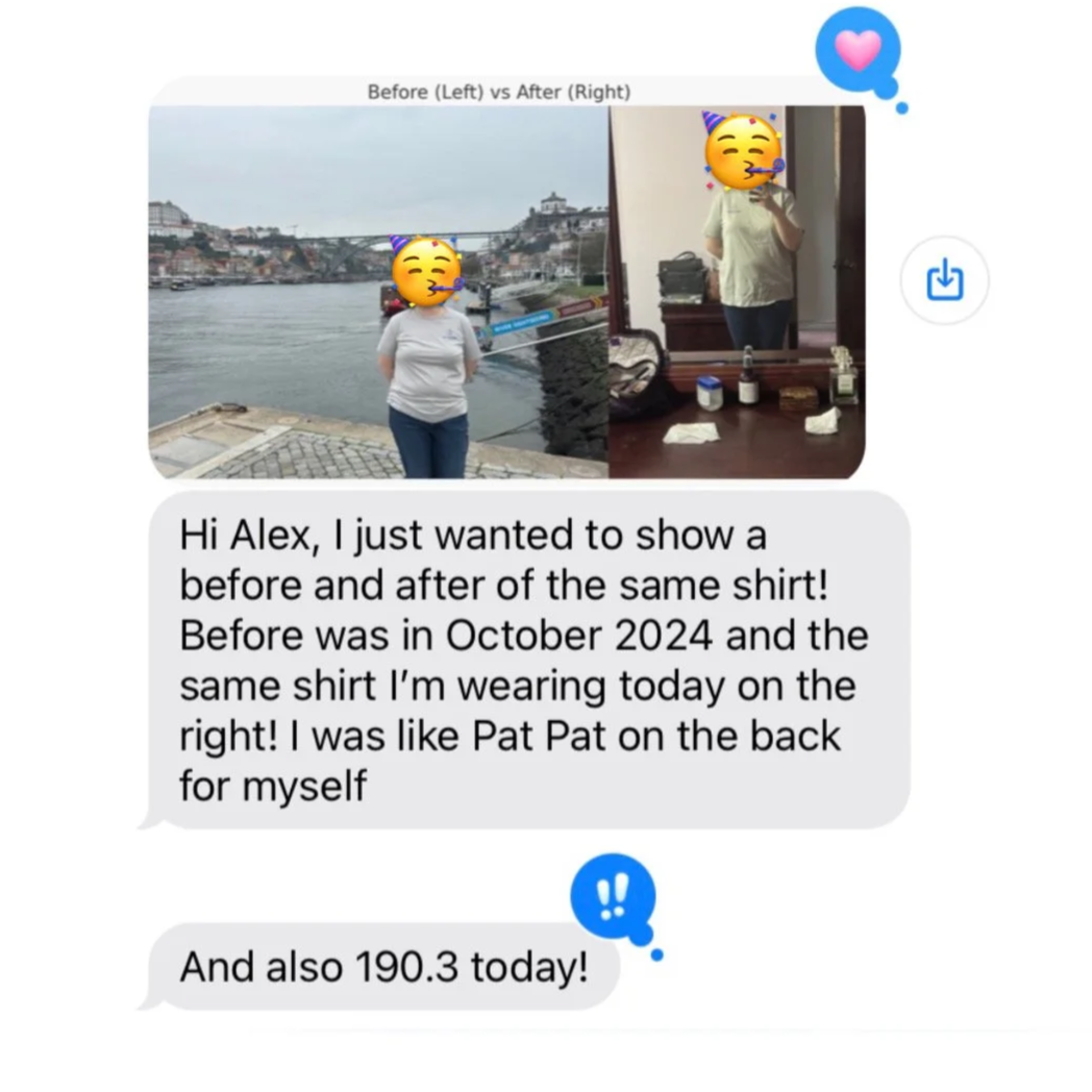 Comparison of two photos showing the same woman wearing the same shirt at different times, with a message discussing her weight loss journey and blood pressure reading.