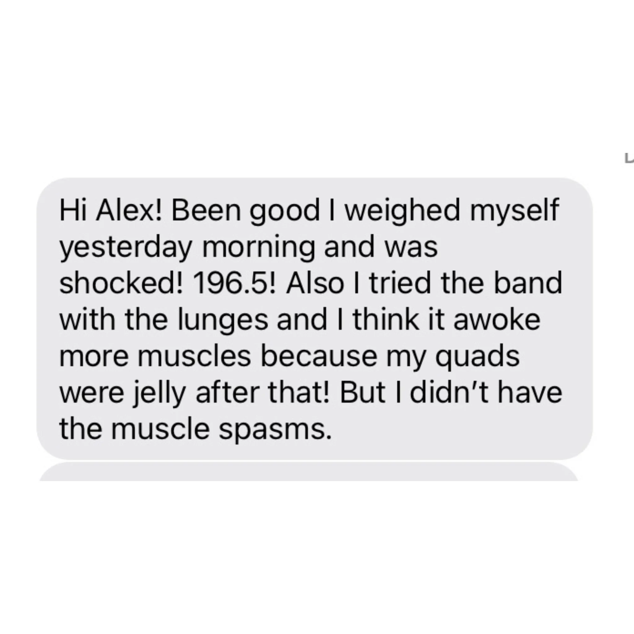 Text message conversation about weighing oneself and muscle spasms.
