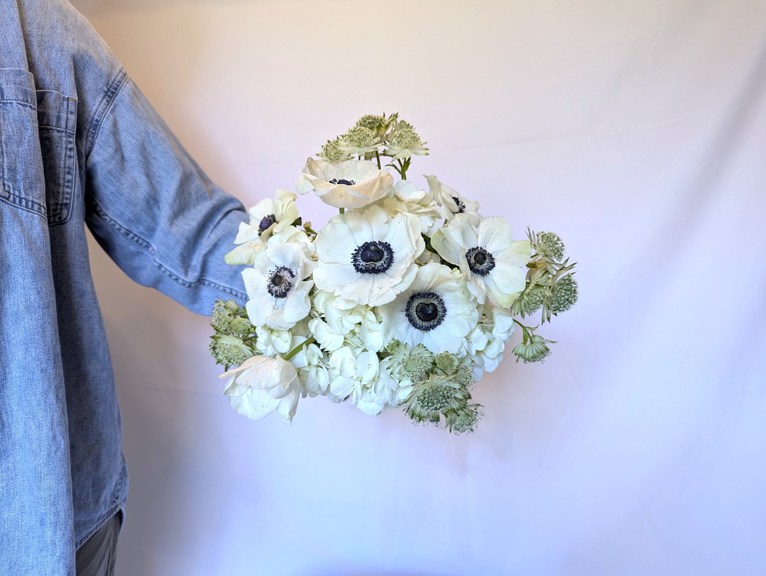 Person wearing a denim jacket holding a bouquet of white flowers with dark centers against a plain white background.