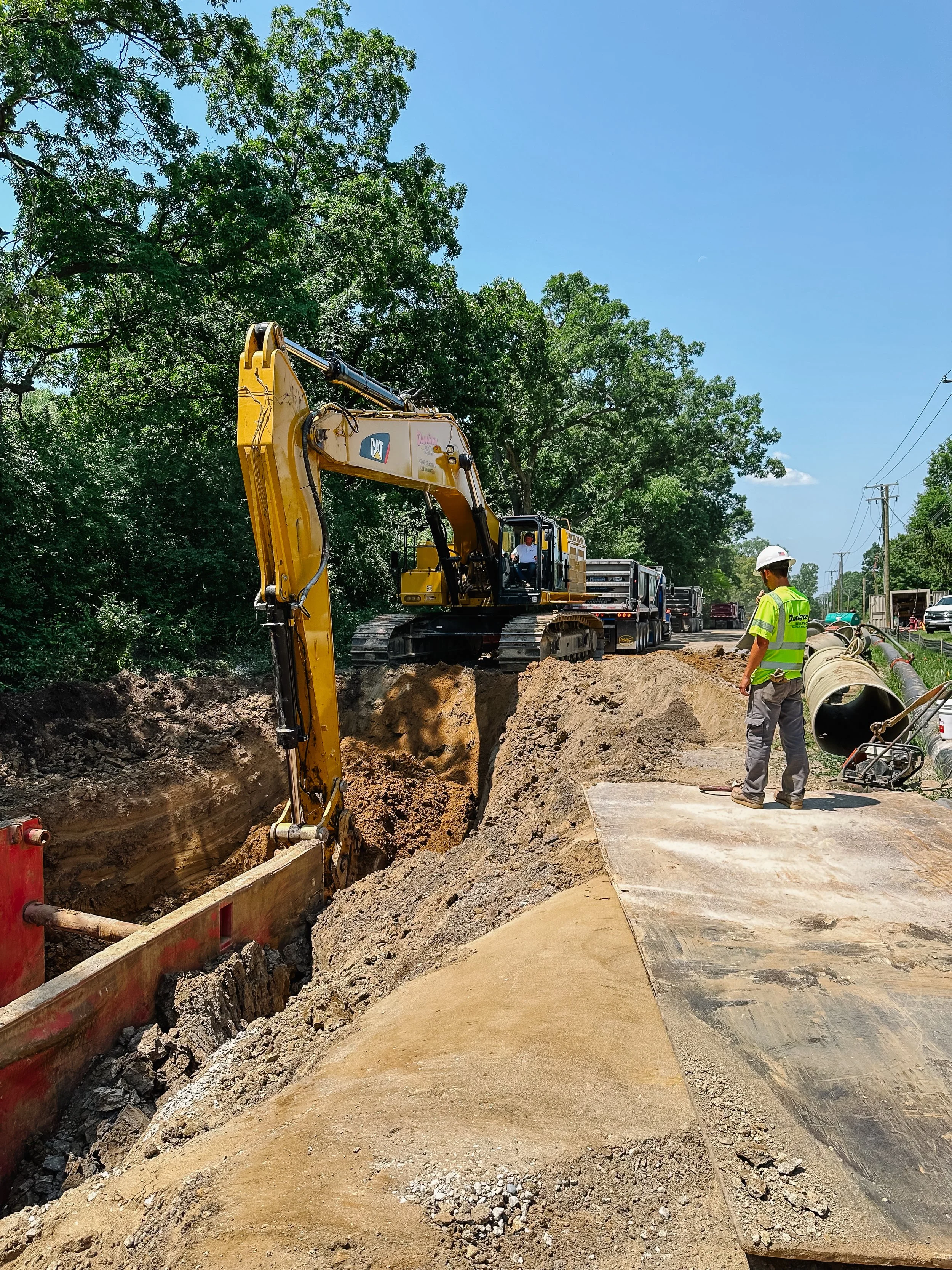 Dunigan Bros. crew members and heavy equipment on an active road excavation project
