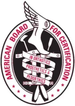Logo of the American Board for Certification in Orthotics, Prosthetics & Pedorthics, featuring a stylized eye with a wing on top and a hand holding a torch, with text in a circular arrangement.