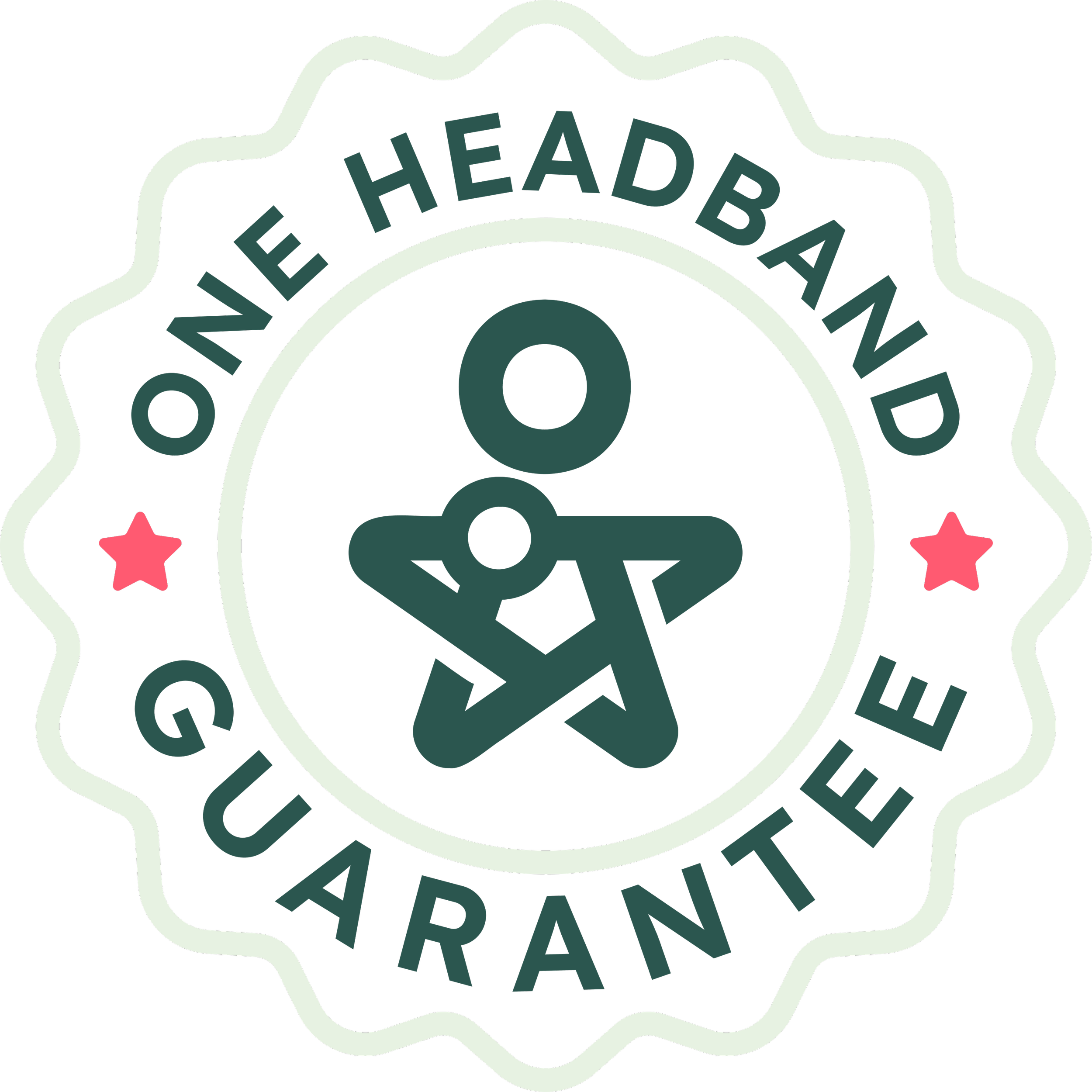A circular badge  with the text 'ONE HEADBAND GUARANTEE' and decorative red stars.