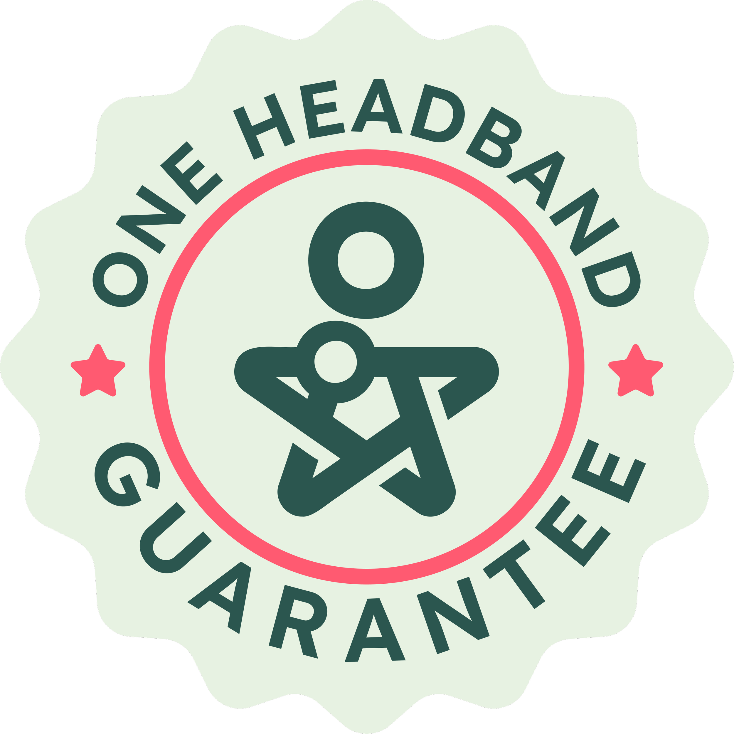 A circular badge  with the text 'ONE HEADBAND GUARANTEE' and decorative red stars.