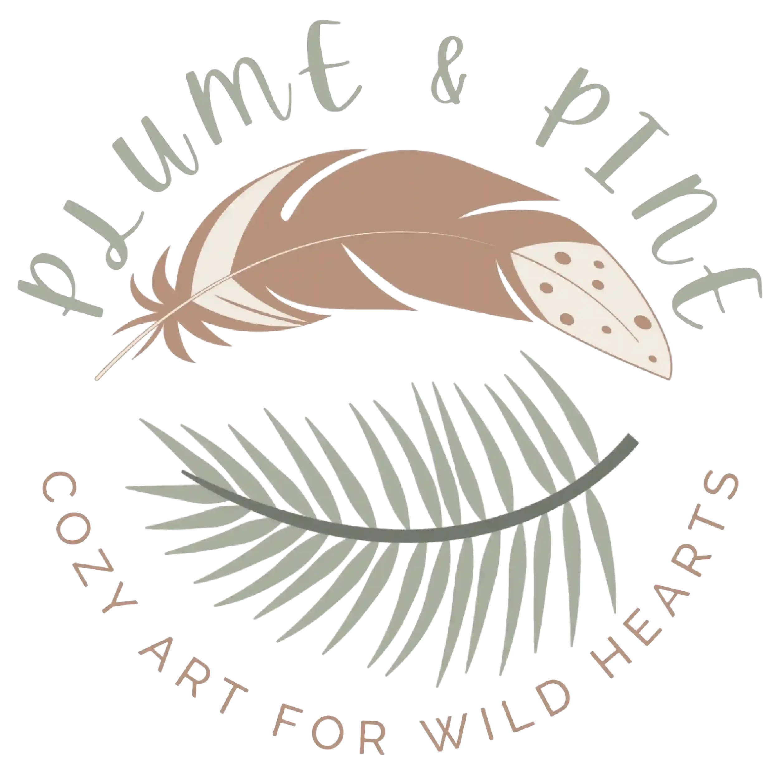 A circular logo with the text "Cozy art for wild hearts" surrounding a stylized feather drawing in the center.