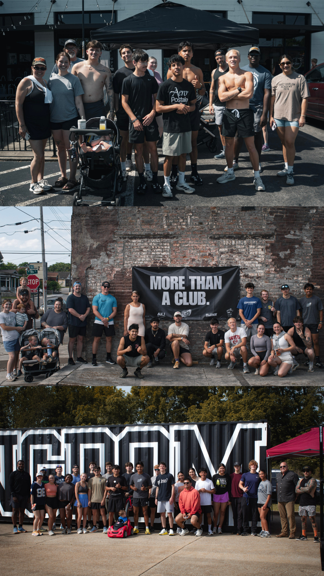 Three group photos of diverse people gathered outdoors during a daytime event. The first group is standing in front of a black canopy tent, with some individuals casually dressed and a stroller in the front. The second group is positioned against a brick wall with a black banner that reads "More Than A Club." The third group is in front of a metal wall with large, stylized block letters, with some children and adults standing together on a paved area.