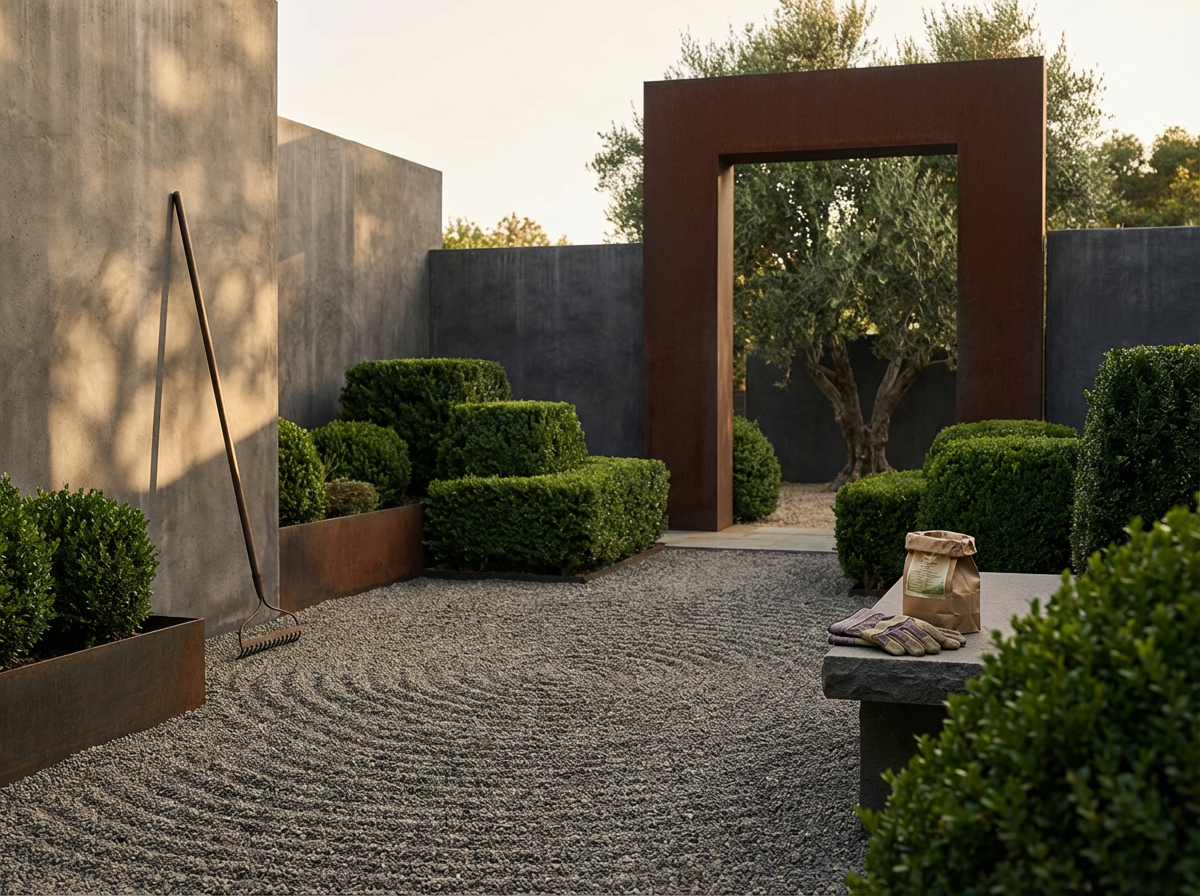 A minimalist Zen garden with raked gravel, bushes, a metal rake leaning against a concrete wall, and a modern metal gate leading to a garden with trees.