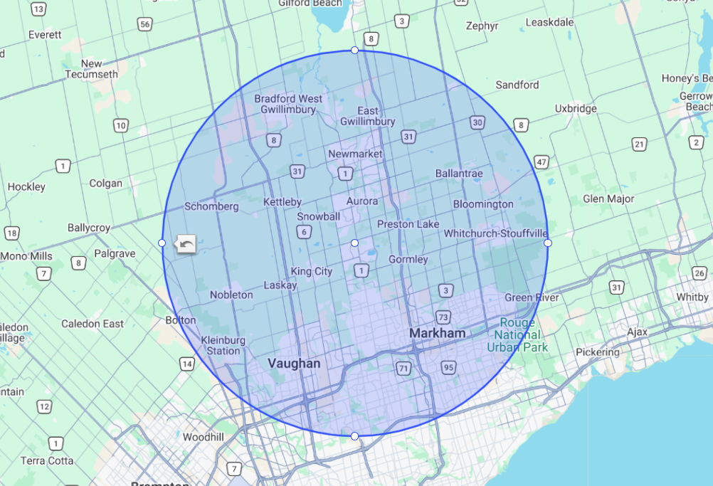 Map of Markham, Ontario, Canada, with a blue circle outlining its boundaries, showing neighborhoods such as Vaughan, Unionville, and Greenborough, and major roads and highways.