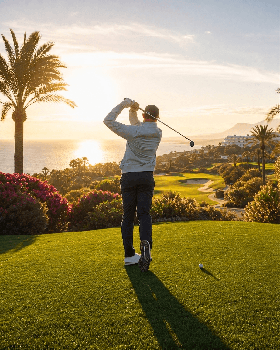 A man taking a golf swing on a lush golf course at sunset with palm trees, colorful flowers, and water in the background.
