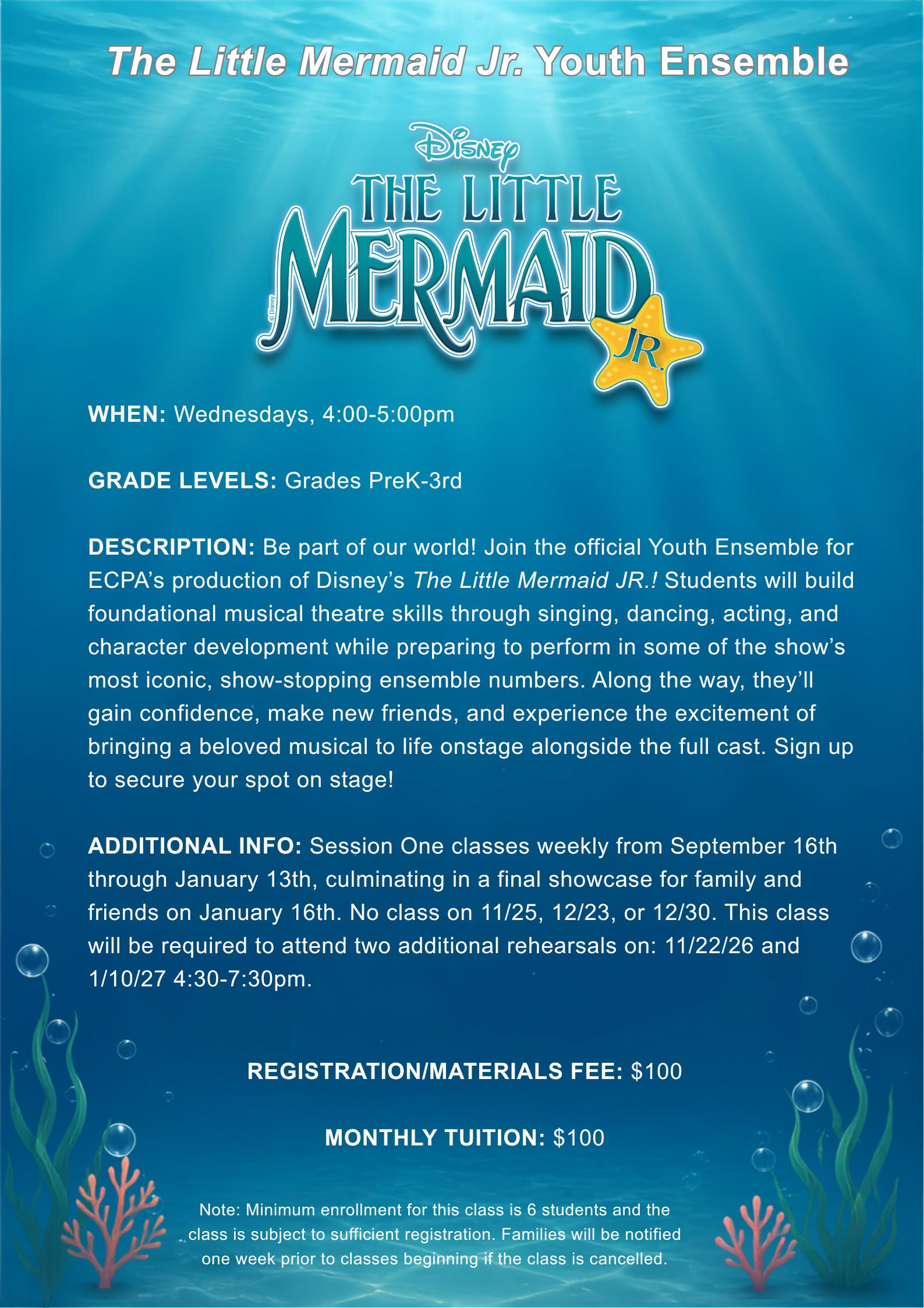 An underwater-themed poster advertising 'The Little Mermaid Jr. Youth Ensemble' with information about class schedule, grade levels, registration, tuition, and additional notes. Features seaweed, coral, bubbles, and an aquatic background.