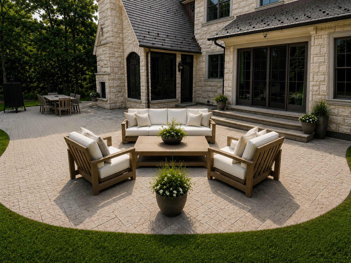 Custom landscape design featuring outdoor seating, architectural plantings, and integrated patio living space in La Grange, Illinois.