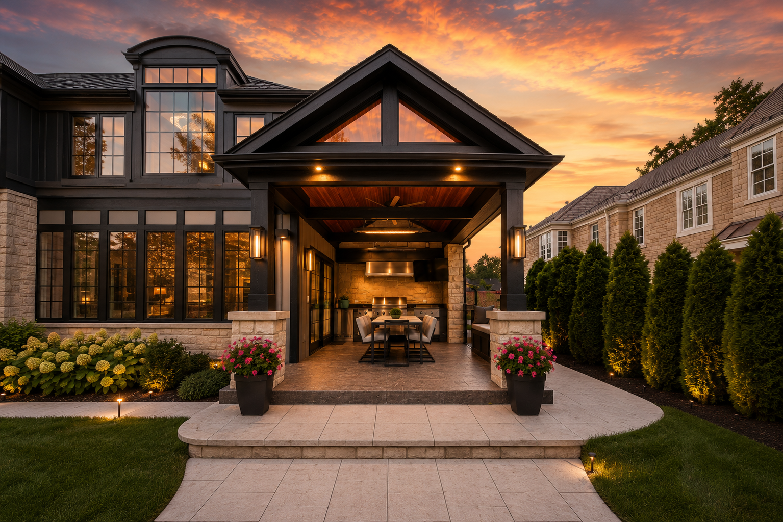 Luxury outdoor living space with covered patio, outdoor kitchen, custom lighting, and landscape design in Hinsdale, Illinois.