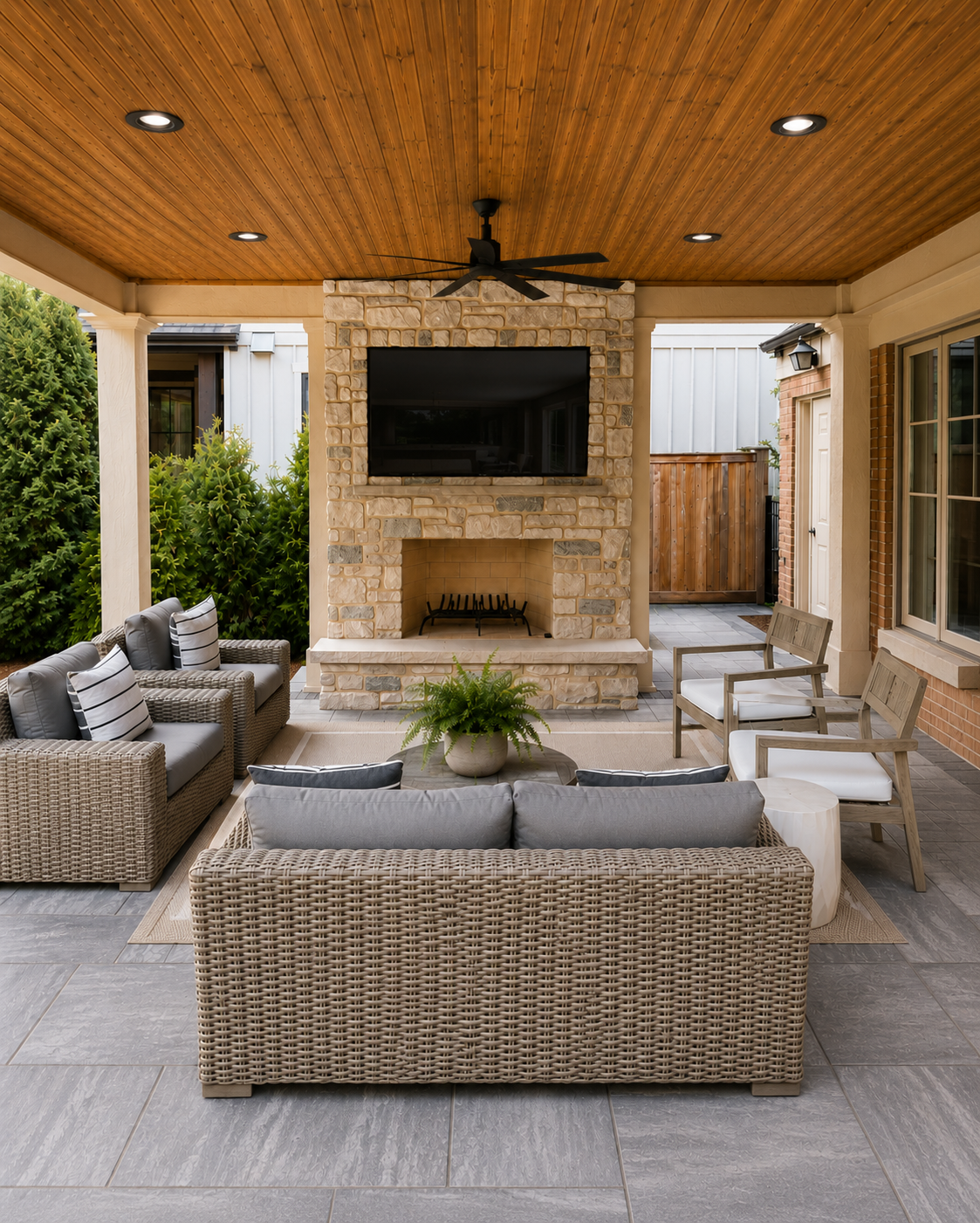 Covered outdoor living space with stone fireplace, television, and comfortable seating area in Wheaton, Illinois.