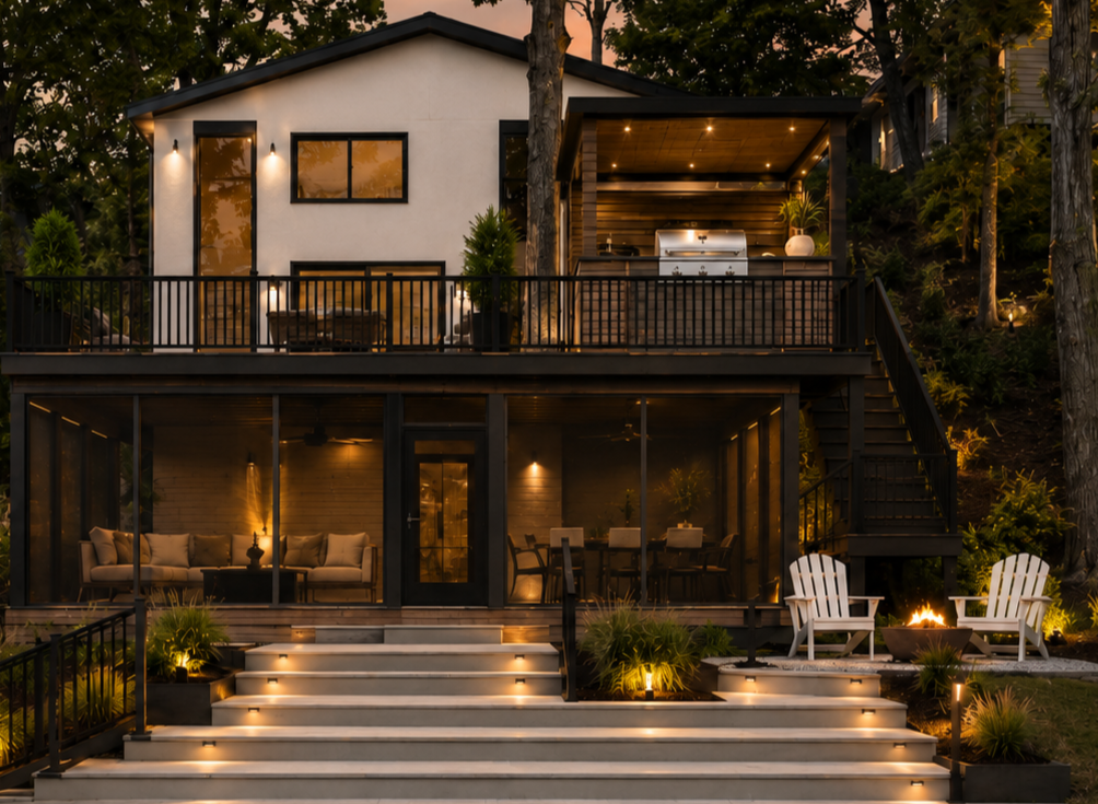 Custom outdoor living space featuring elevated entertaining areas, architectural lighting, and luxury hardscape construction in Western Springs, Illinois.
