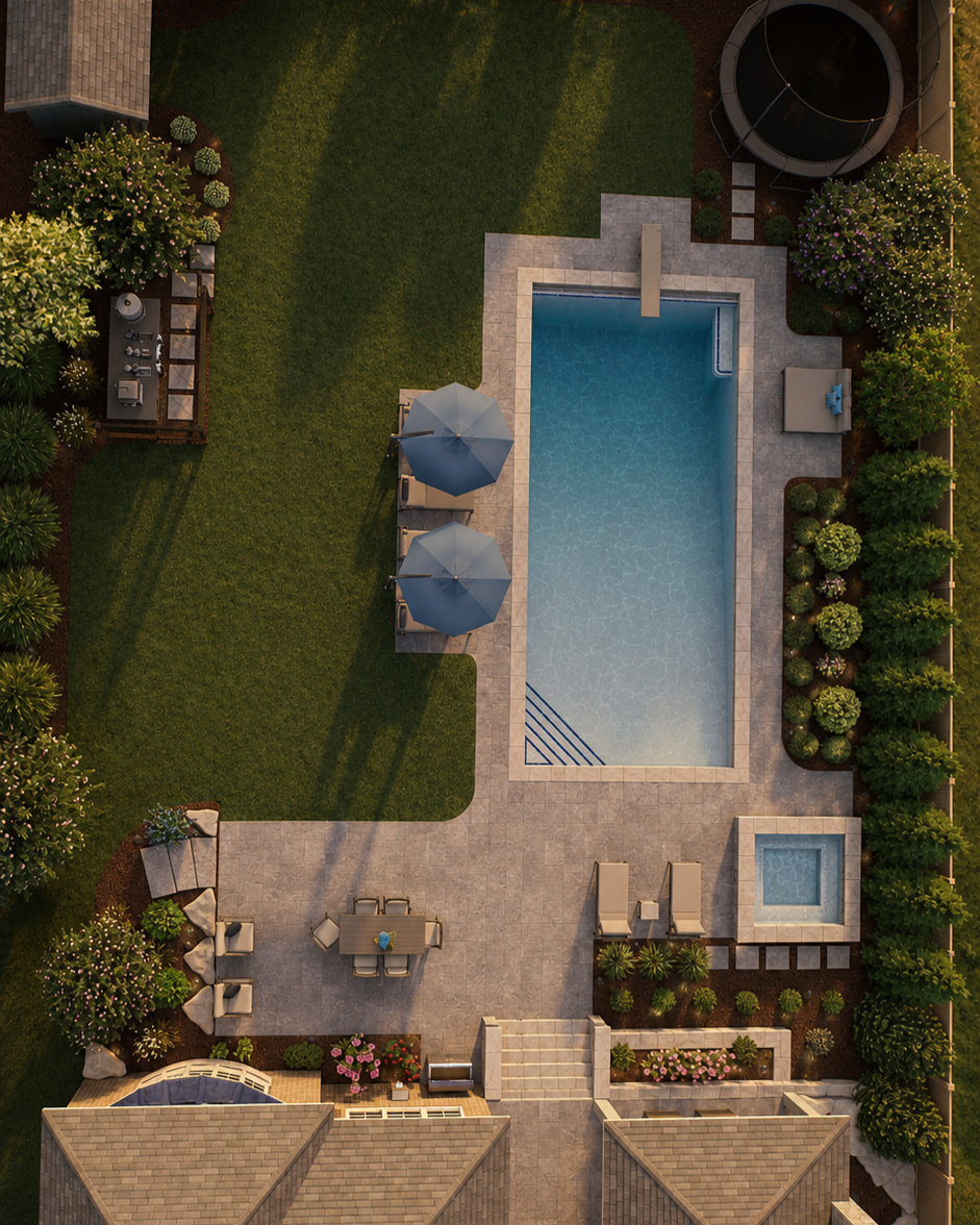 Custom landscape design featuring pool, patio, planting beds, and outdoor living spaces in Oak Brook, Illinois.