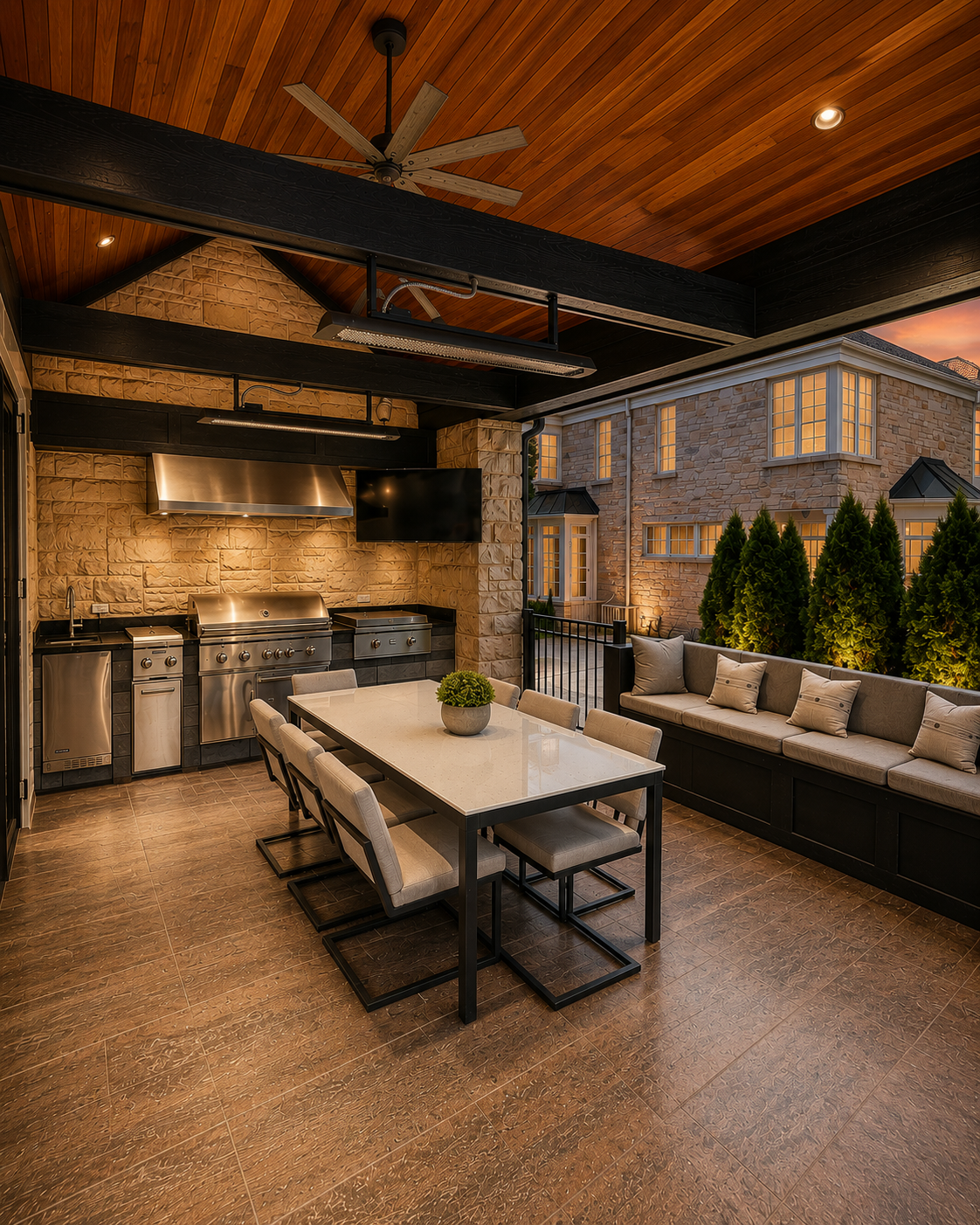 Custom outdoor kitchen and covered outdoor living space designed for entertaining in Clarendon Hills, Illinois.