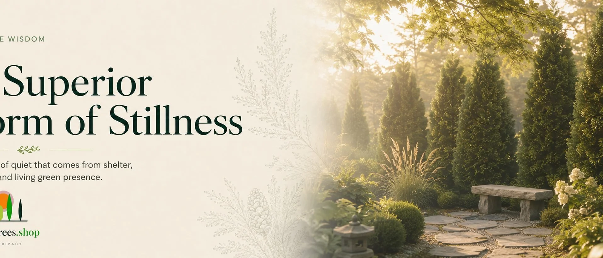 Soft morning light through a mature privacy tree row at PrivacyTrees.shop, evoking the stillness trees provide