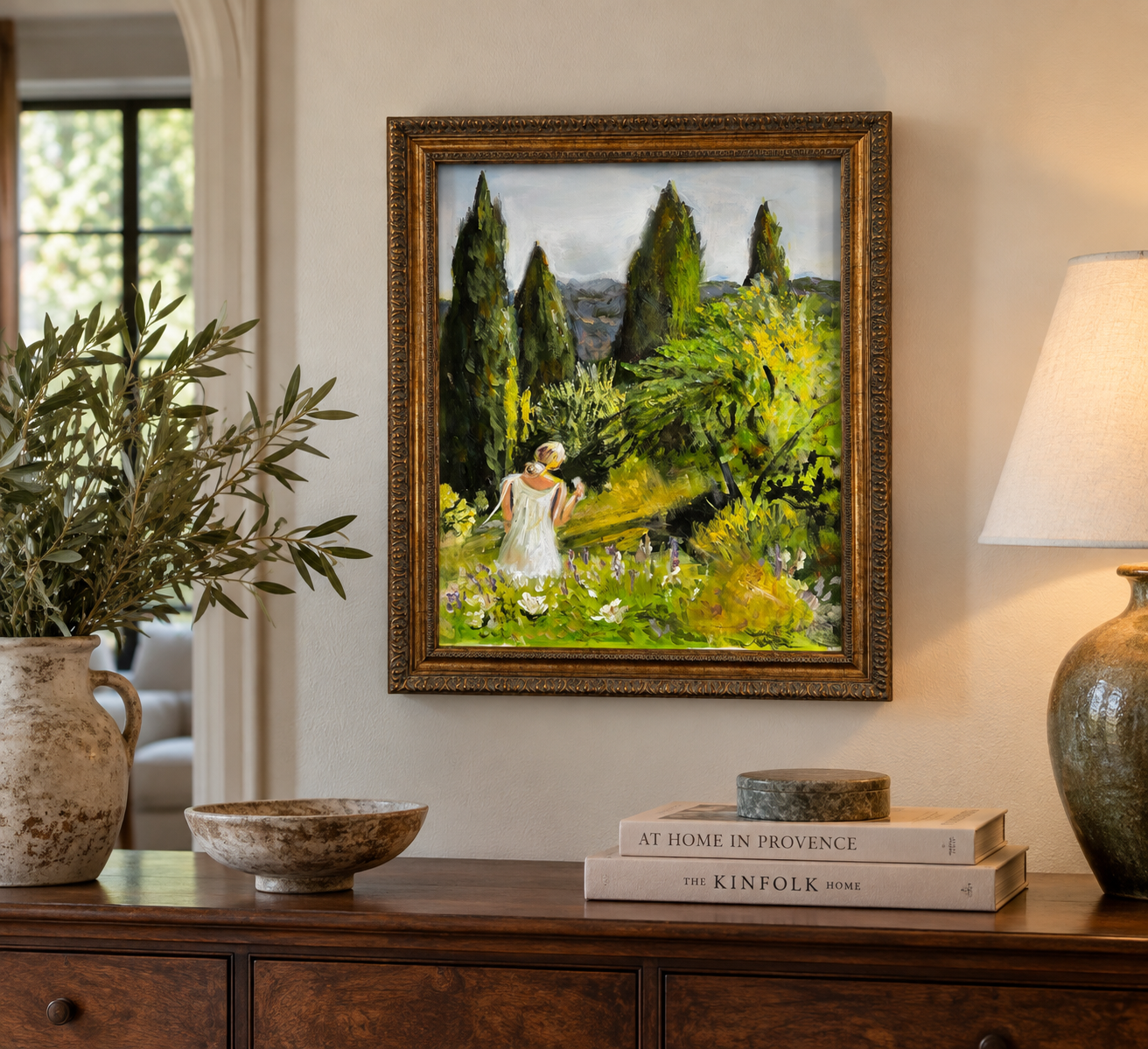 Sunlit Garden Painting in Elegant Entryway.png