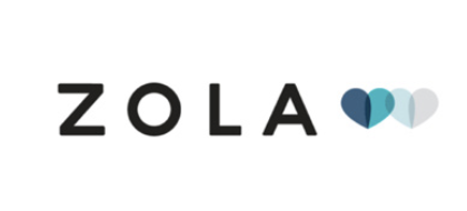 The logo features the word 'ZOLA' in bold black letters with three overlapping heart shapes in shades of blue to the right.