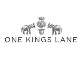 Logo with two elephants facing each other on either side of a decorative vase, with the text 'ONE KING'S LANE' below.