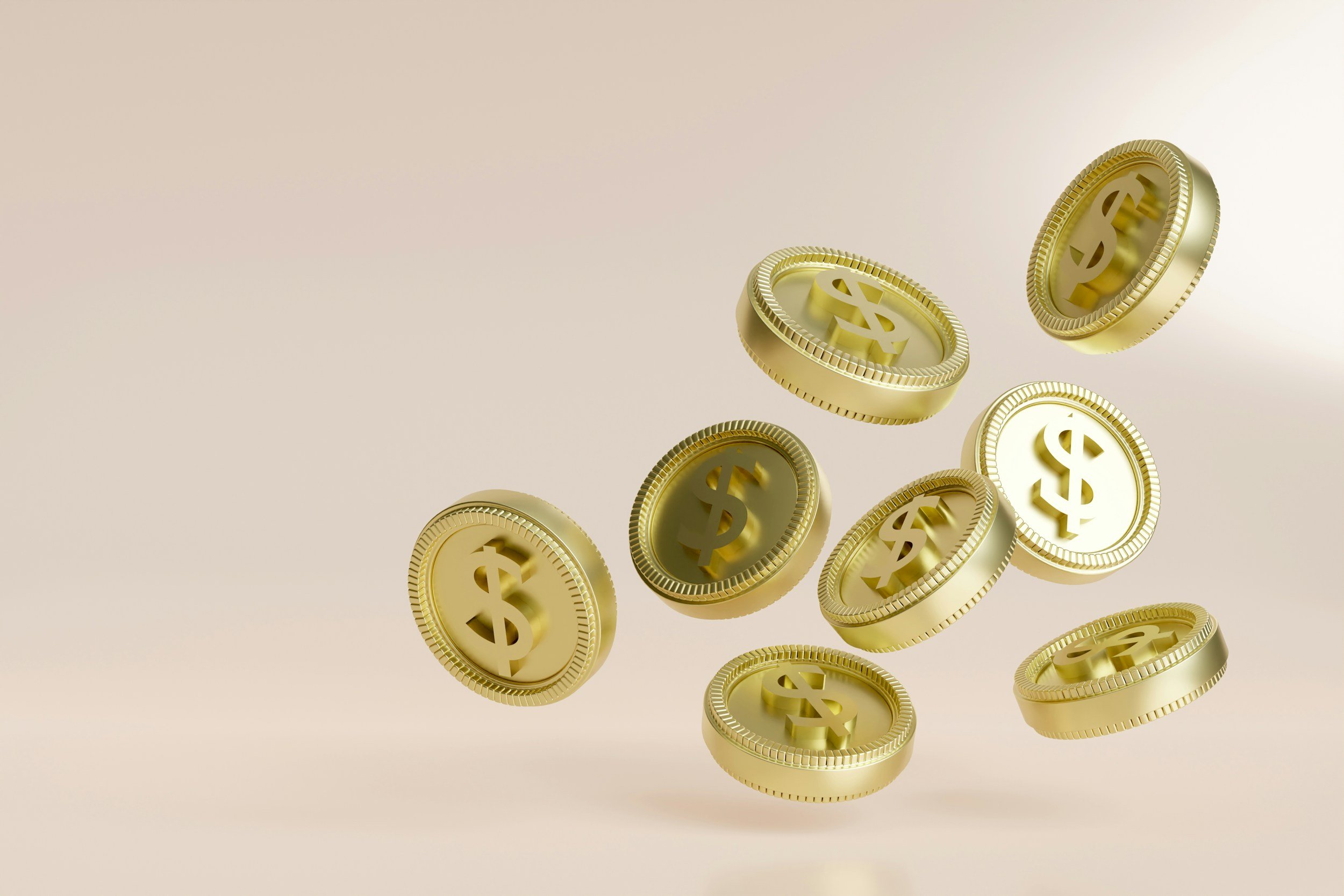 Golden coins with dollar signs falling against a light beige background.