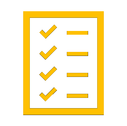 Yellow checklist icon with checkmarks and lines on a black background.