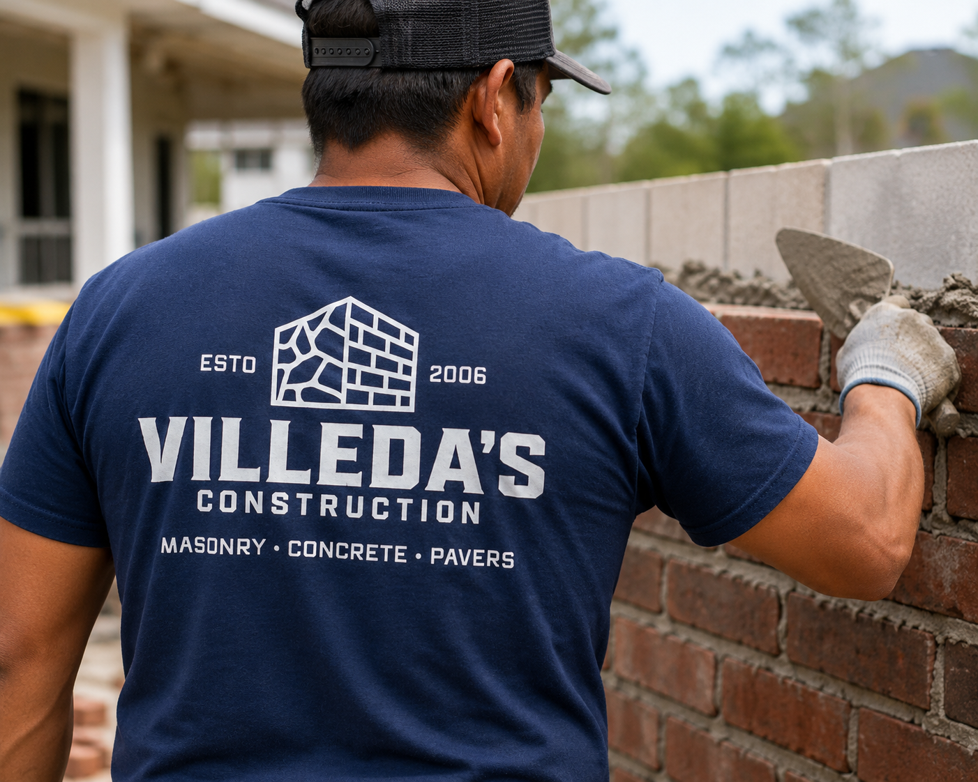A construction worker, seen from behind, laying bricks to build a wall. The worker is wearing a blue T-shirt with a logo for 'Villeda's Construction' and a black cap.