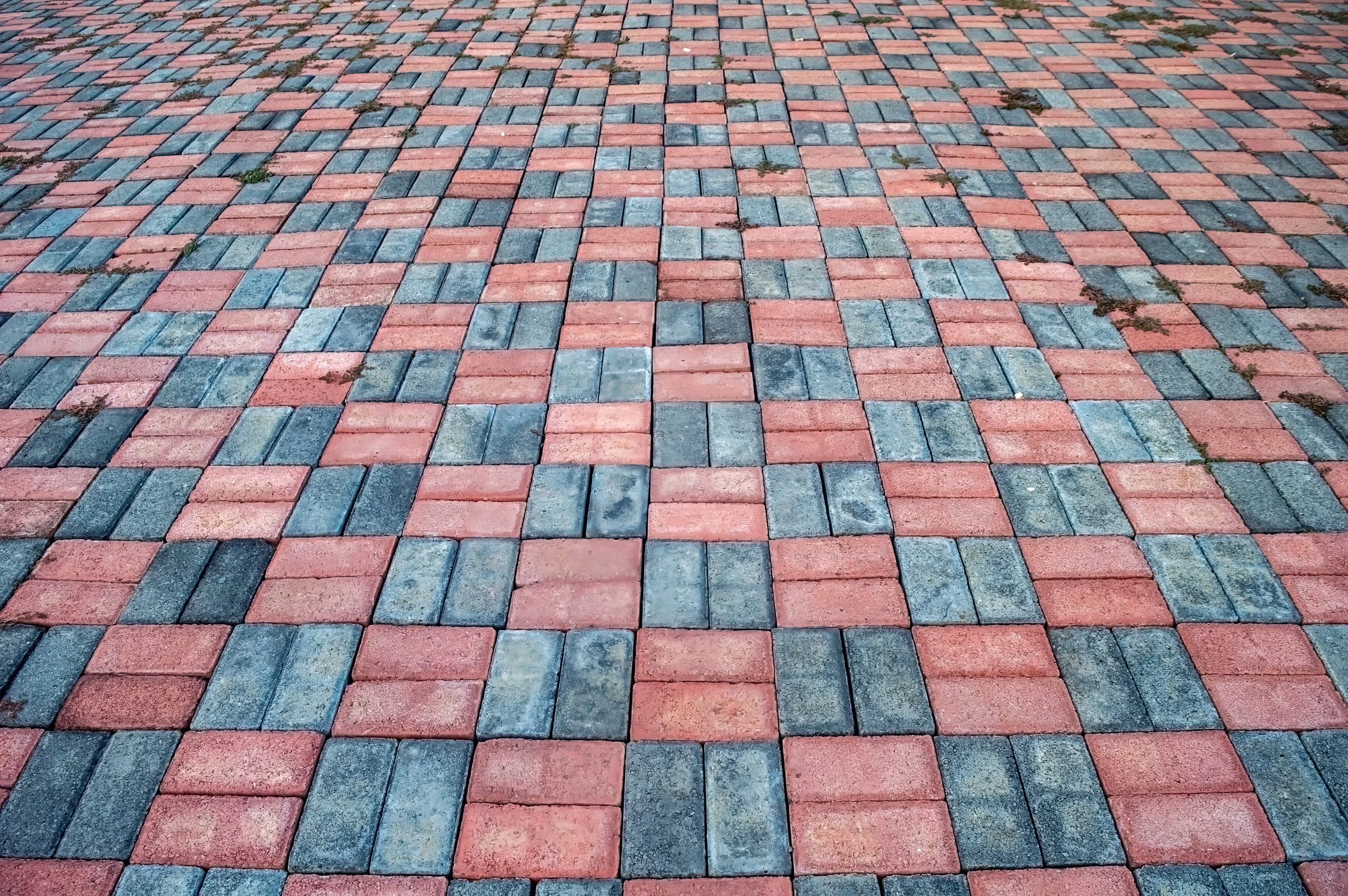 Close-up view of interlocking red and gray paving bricks on a sidewalk or pathway, with some small patches of grass growing between the bricks.
